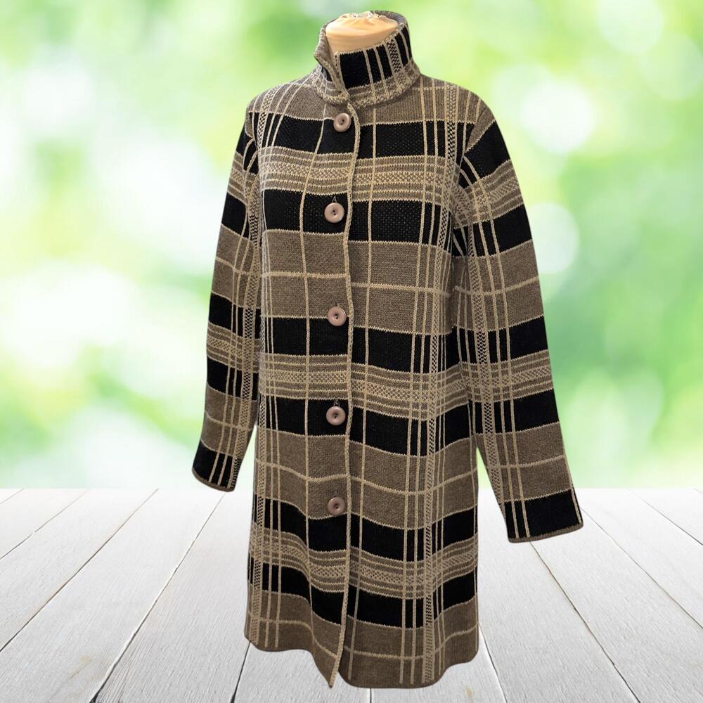 Vintage Italian Wool Blend Coatigan Sweater Plaid Mock Neck Button Front Size L